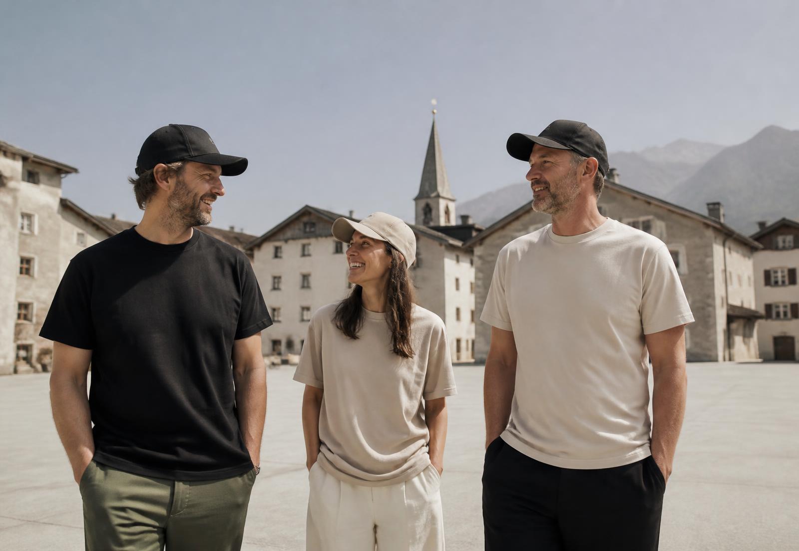 Drei Personen in schlichten T-Shirts und Caps auf einem Schweizer Dorfplatz